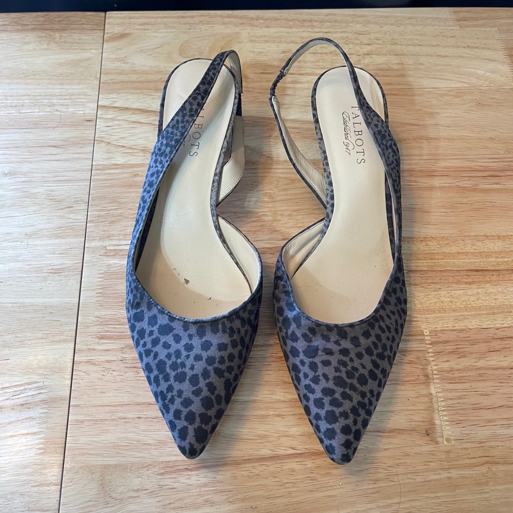 Talbots Womens Grey Leopard Print Pointed Toe Slingback Kitten Heel Pumps 10.5M